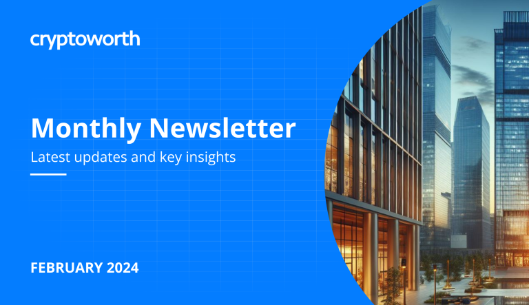 Newsletter cover of Cryptoworth depicting business building landscape