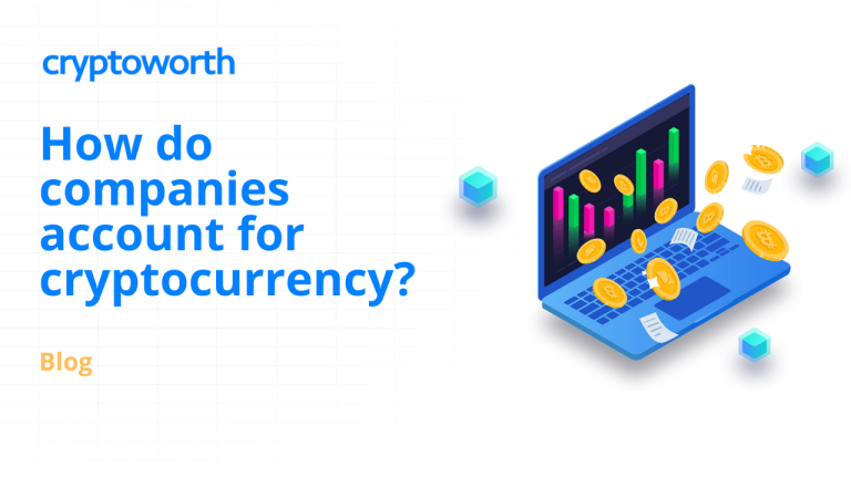 An image showing the title "How do companies account for cryptocurrency?" with the Cryptoworth logo. The graphic includes a laptop with floating cryptocurrency coins (e.g., Bitcoin) and financial bar charts displayed on the screen