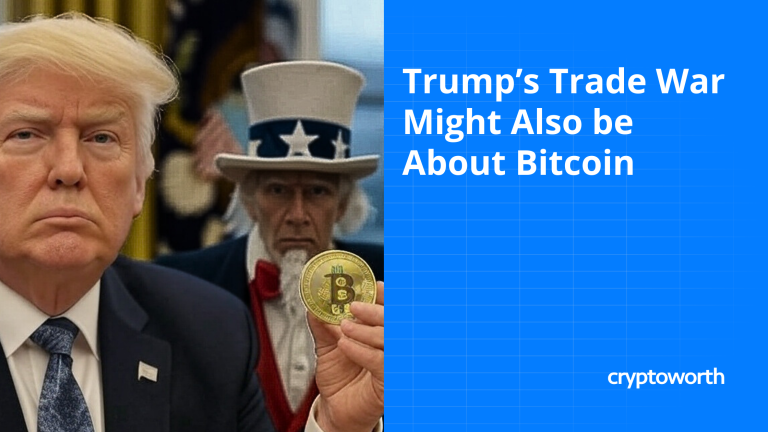 trump holding a bitcoin in an article title "why crypto tariffs might be inevitable"
